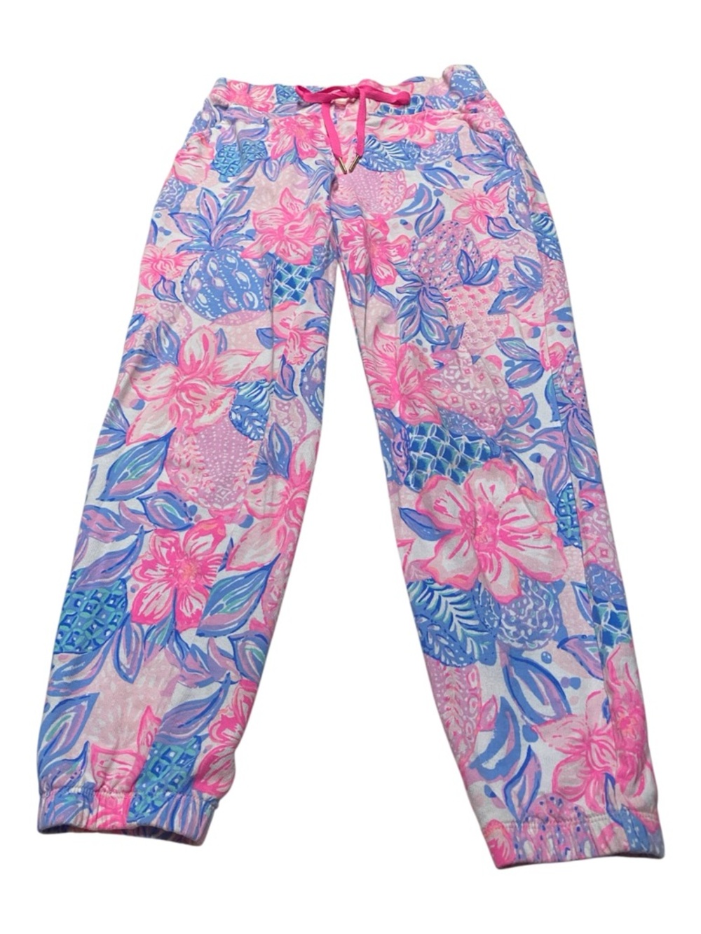 Lilly Pulitzer “Rum Swizzle” Joggers in pink & blue on white 100% Cotton Size S